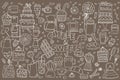 Doodles On Cafe Theme With Coffee And Sweets Illustration On Brown Background