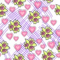 cute vector doodling flowers and hearts in the cartoon style seamless vector pattern on white background