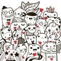 Doodling kawaii hand drawn illustration black and white tattoo coloring. Valentine`s day greeting card.