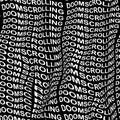 DOOMSCROLLING word warped, distorted, repeated, and arranged into seamless pattern background