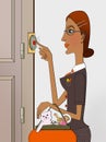Door bell. Woman with a bag of toys rings the doorbell