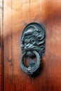 Door with brass knocker in the shape of a lion& x27;s head, beautiful entrance to the house. Wooden door, detail Royalty Free Stock Photo