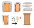 Door is closed and doorknobs. Doorway of house or apartment. Set. Stone finishing. Entrance is outside. Cheerful fairy