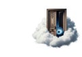 A door in the clouds that opens a portal to space. Space for text. Royalty Free Stock Photo