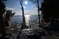 Door county wisconsin sturgeon bay whitefish dunes state park in winter frozen ice formations on the rocky shores