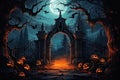 Door with crow background scary cemetery gate by Generative AI