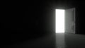 Door in a dark room opens and fills the space with bright white light in 4K resolution. 3D render animation of opening door. Royalty Free Stock Photo