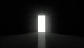 Door in a dark room opens and fills the space with bright white light in 4K resolution. 3D render animation of opening door. Royalty Free Stock Photo