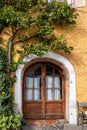 Door with decor of old historic medieval home in Hallstatt