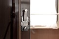 Door and doorknob in a train compartment. Travel by train. Royalty Free Stock Photo