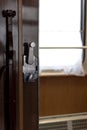 Door and doorknob in a train compartment. Travel by train. Royalty Free Stock Photo