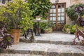 Door entrance, patio, traditional house in village of Vallmodessa, Majorca Island, Spain.