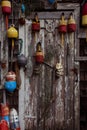 Door with fishnets and lobster buoys Royalty Free Stock Photo