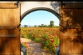 Door and flower field outside