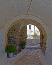 Door and flowers pots under a vintage arch Royalty Free Stock Photo