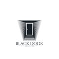 door gate logo for home entrance. minimal wood black house doorway or real estate business. architecture or urban city skyline.