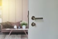 Door handle , door open in front of blur interior room background.