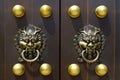 Door handle with lion design in buddhist temple Royalty Free Stock Photo