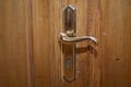 Modren style gold door handle on natural wooden door . Old door with handle and lock . Door handle . Royalty Free Stock Photo