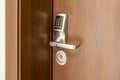 Door handle with pass code lock. Electronic door handle with key pads numbers. Home security system Royalty Free Stock Photo