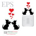 Dogs Silhouettes In Love, Light Switch Sticker, Vector. Dogs Couple Illustration With Red Hearts Isolated On White Background