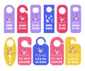 Door hangers set vector. Colorful paper, plastic, cardboard door lock cards with tropical flowers, leaves. Don`t disturb