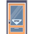 Door with hanging open signboard vector icon