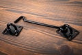 Door hook on dark wood texture background. Object