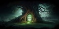 A door inside a huge magical tree from a fantasy world. Ai generative