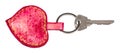 Door key on pink heart shaped key ring cutout Royalty Free Stock Photo