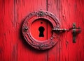 Door keyhole in red old wooden door. AI generated Royalty Free Stock Photo