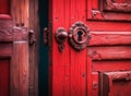 Door keyhole in red old wooden door. AI generated Royalty Free Stock Photo