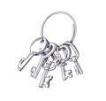 Door keys bunch bundle attached to ring. Engraved drawing of keyring, holder drawn in retro vintage style. Contoured