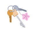Door keys bunch hanging on keyring, keyholder. Keychain, ring with star trinket, pendant, home apartment, room and Royalty Free Stock Photo