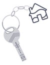 Door keys keyfob. Ring with trinket, keychains plastic tag hanging on keyring. House, apartment or room locking Royalty Free Stock Photo
