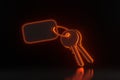 Door keys with steel keyring and blank label for text or number with neon lights on black background Royalty Free Stock Photo