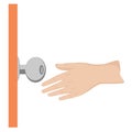 Door knob and hand.