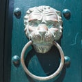 A door knocker is a fixture on the front door of a house. It is made of metal and has the form of a ring, which is