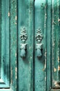 Door knockers with hand shape on green wooden door