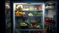 The door of the large refrigerator is open, revealing the contents. Generative AI. Royalty Free Stock Photo