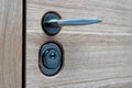 Door lock and handle close up, beautiful modern wooden entrance door to the apartment Royalty Free Stock Photo