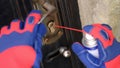 Door lock and handyman hands with spray balloon close up.