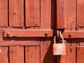 Door lock for key closing, keyhole, hasp bolt. Collection of old vintage retro locks on the textured colored door. Close-up Royalty Free Stock Photo