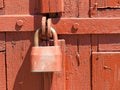 Door lock for key closing, keyhole, hasp bolt. Collection of old vintage retro locks on the textured colored door. Close-up Royalty Free Stock Photo