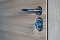 Door lock with key and handle close up, beautiful modern wooden entrance door to the apartment Royalty Free Stock Photo