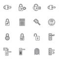 Door lock and key line icons set