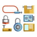 Door locks different types, padlock latches or electonic keys vector flat icons