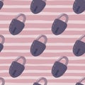 Door locks silhouettes seamless doodle pattern. Simple vintage print in purple colors on pink stripped background Royalty Free Stock Photo