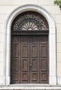 Wood church doors in Vidin, Bulgaria, are closed. This is the main entrance.