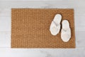 Door mat and slippers on floor, top view Royalty Free Stock Photo